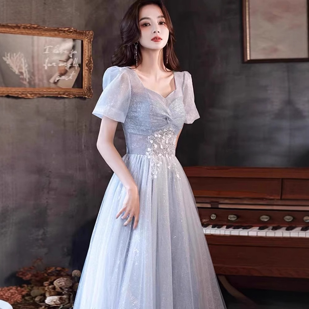 Evening Dress Women's 2025 New Birthday Banquet Elegant Light Luxury Niche High-end Art Test Host Blue Dress