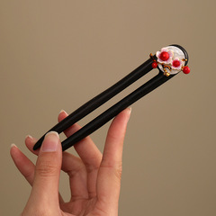 檀木U型桃花髮簪原創設計日常盤髮簪復古風旗袍配飾挽髮簪子髮飾