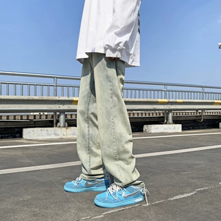 美式高街黄泥染牛仔裤重工水洗做旧休闲裤子男直筒长裤国潮ins潮