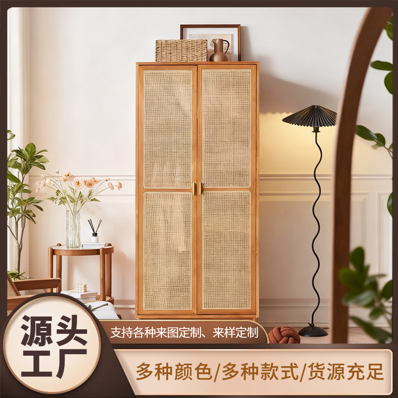 Rattan Solid Wood Wardrobe Small Apartment Japanese Style Bedroom Hotel Double Door Cabinet B&B Retro Multi-Layer Storage Cabinet