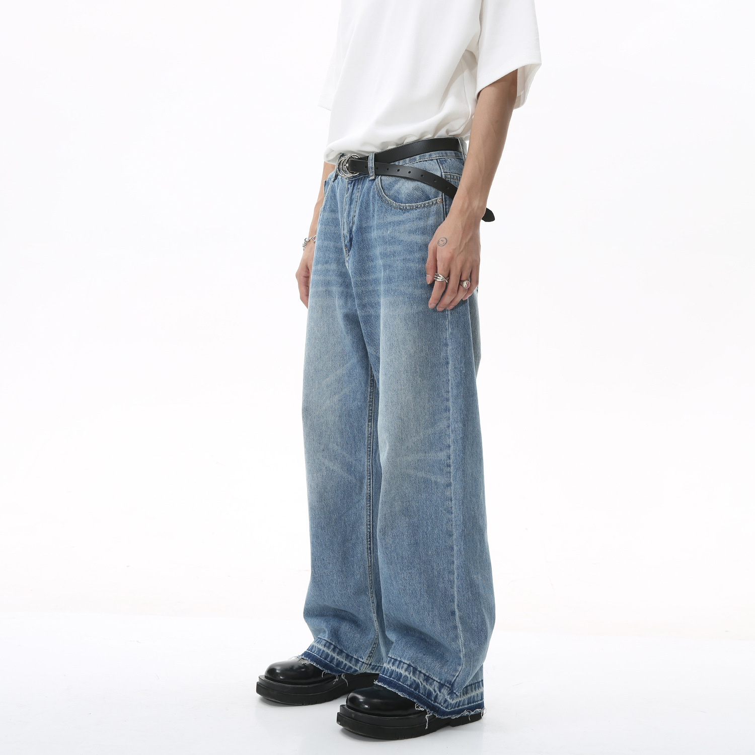 Ropa para hombre MTLCLOTHES | Pantalones vaqueros de estilo casual, holgados, de pierna recta, largos hasta el suelo, con dobladillo deshilachado, estilo urbano y nicho.