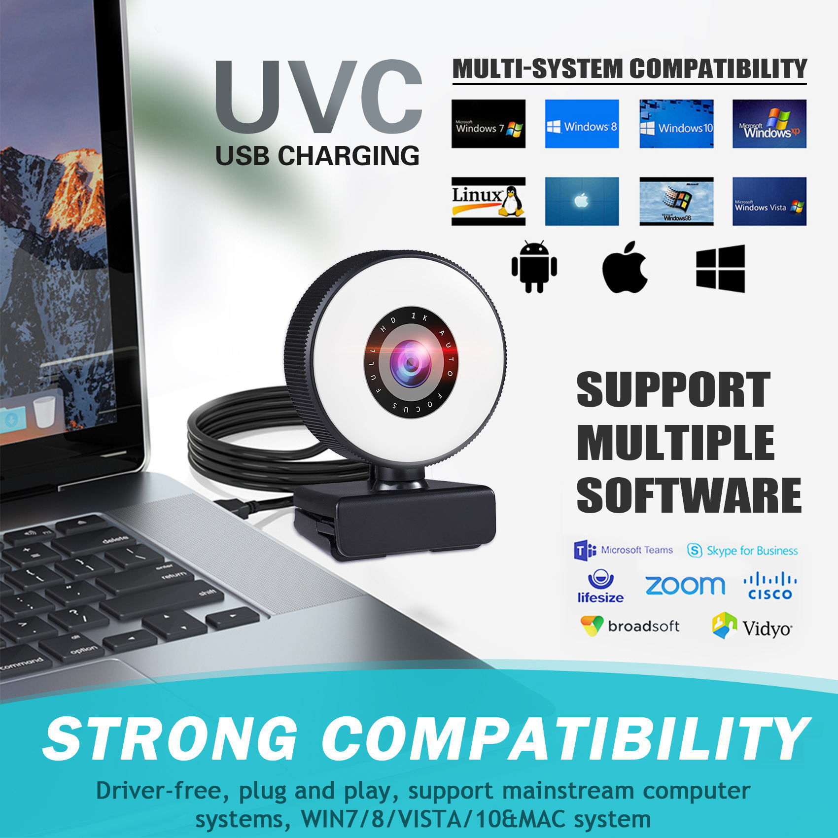 4K auto-focus webcam 2K driver-free