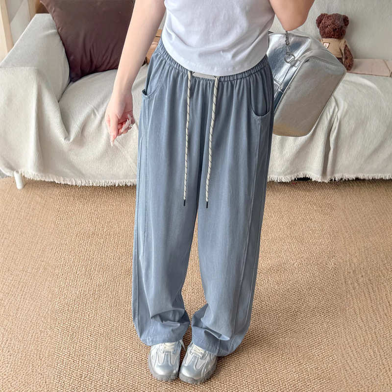 Lyocell Tencel Jeans for Women 2026 Summer New Drawstring Loose Drape Ice Silk Casual Wide-Leg Straight Pants