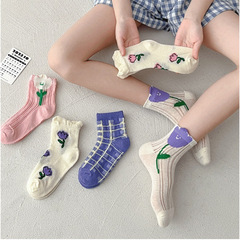 夏季網眼透氣薄款韓系格子花朵兒童襪 清新花邊小花襪子女童短襪