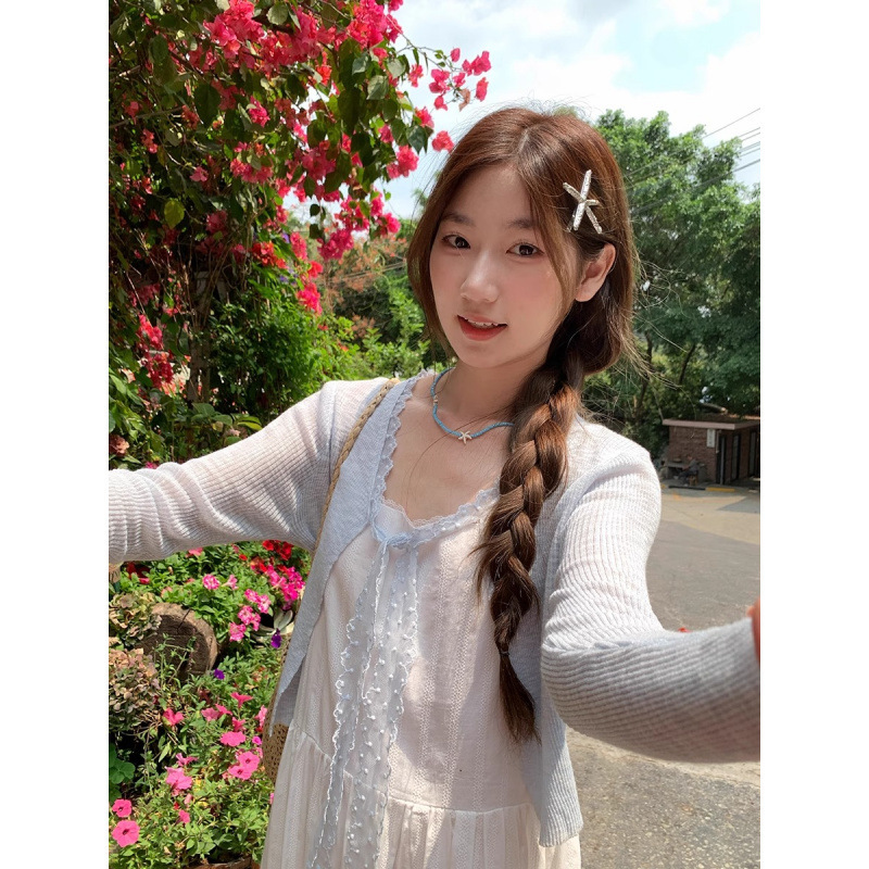 Korean Style Gentle Style, Sweet and Versatile, Loose and Light Lace Splicing Strap Short Knitted Cardigan