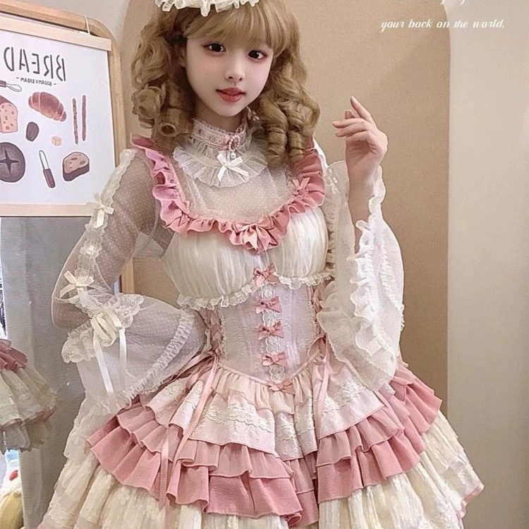 Lolita-платье (жен.) бархат с бантом, фуксия, многослойная оборка, S–L