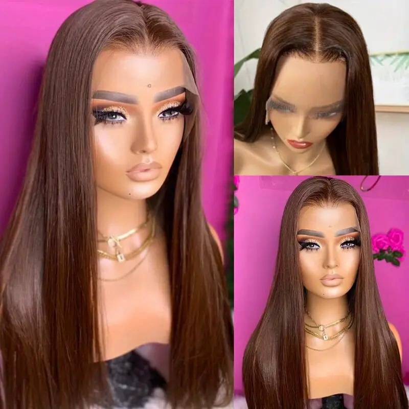 Amazon European and American Fashion Brown Long Straight Hair Wig Hot Selling Front Lace Lace Middle Straight Hair Wig Headset