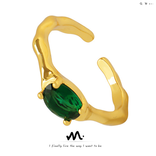 Korean Instagram-style brass material ring, embedded with emerald oval zirconia, unique personalized design, couple's matching rings