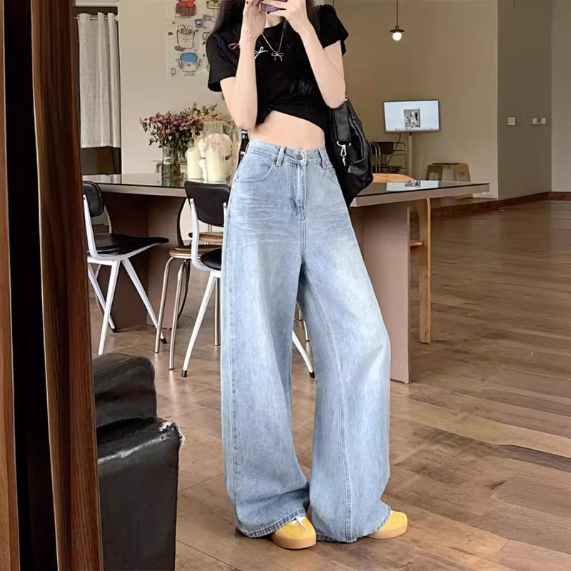2024 New Summer New Design Sense light blue Jeans Women's High Waist Retro Washed Loose Wide Leg Straight