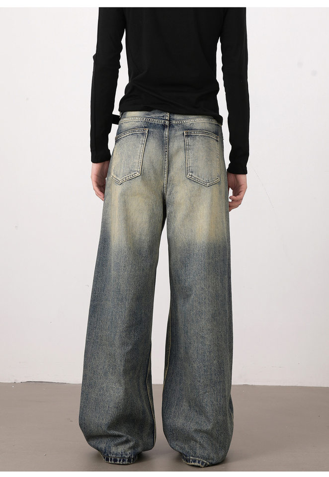 Quần jeans nam dáng rộng ống đứng phong cách retro Mỹ, giặt mài làm cũ — Màu xanh dương chi tiết 19