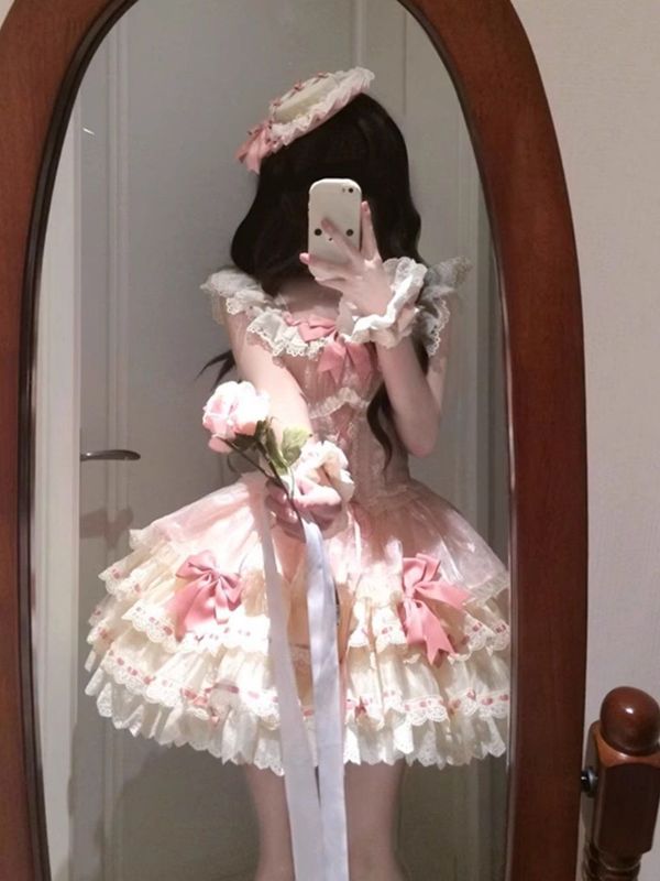 甘くてかわいいロリータロリータフライングスリーブドレス夏の新しいバレエスタイルウエストふわふわプリンセスドレス|undefined