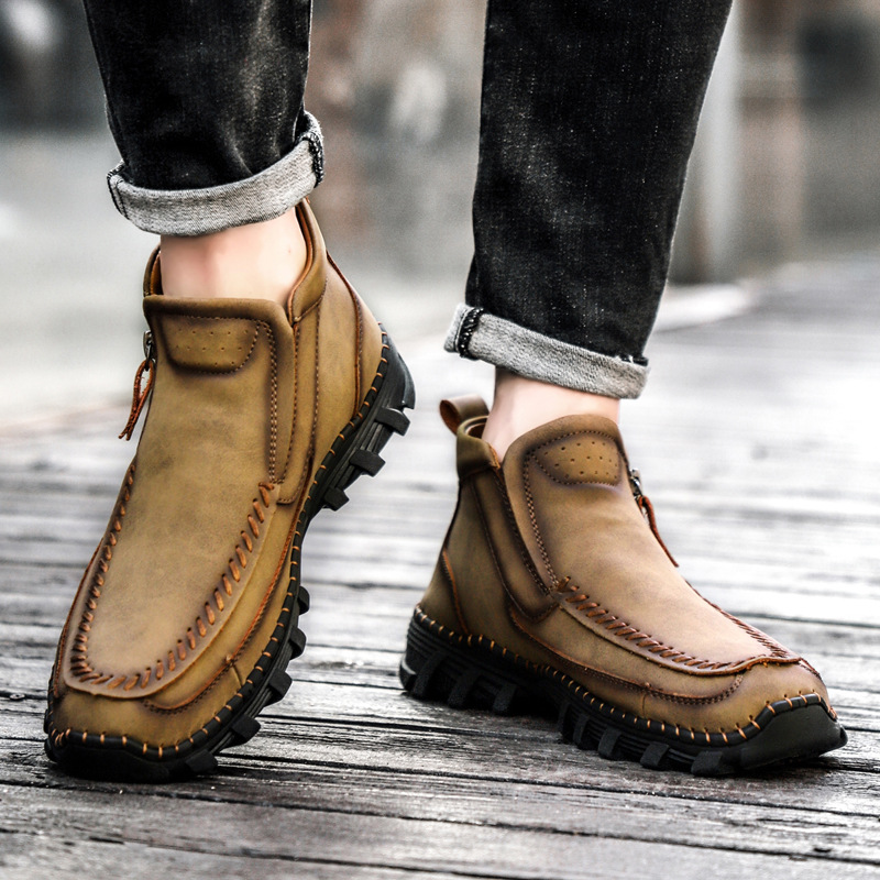 Cizme de toamnă noi pentru bărbați, casual, din piele, cizme Martin, cu fermoar lateral, cizme de lucru transfrontaliere, pantofi bărbătești de mărime mare, lucrați manual_voghion.com
