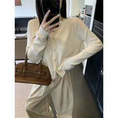 秋季2025新款V领开衫外搭长袖小外套针织衫女慵懒风百搭时髦上衣