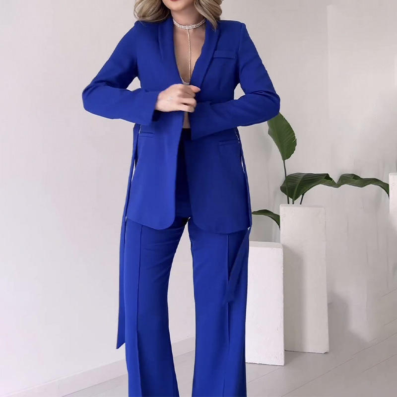 GraceChic Cross-Border European And American Trade Solid Color Elegant Waist-Tie Slim Fit Blazer With Straight-Leg Flared Suit_voghion.com