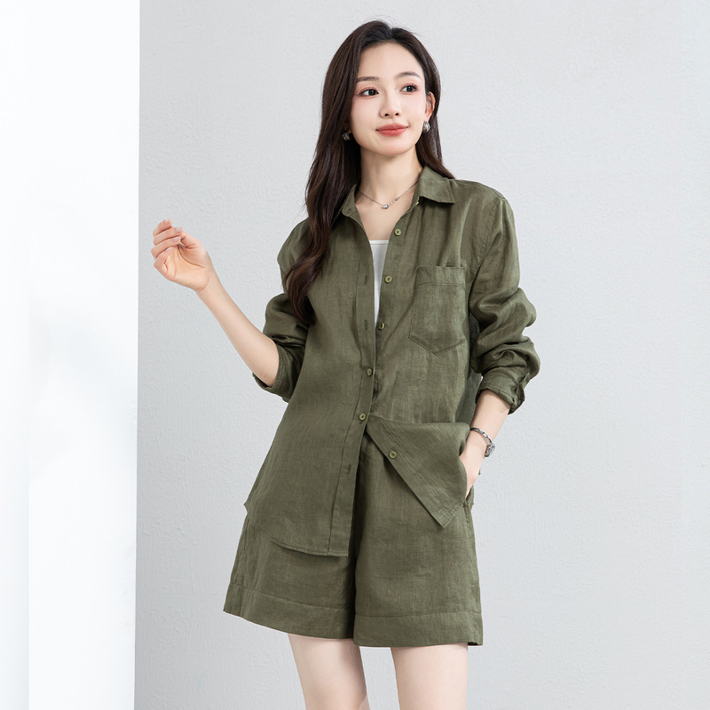 Xingge Refreshing and Breathable Linen Set for Women, New Summer Olive Green Lazy Style Shirt and Shorts Two-Piece Set