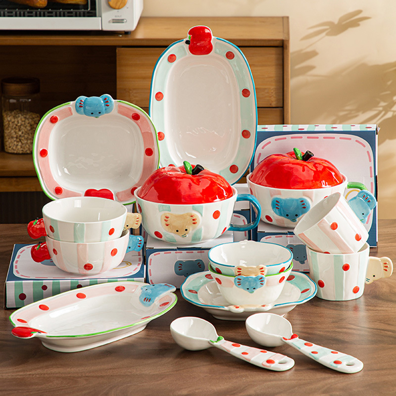 Creative cartoon cute apple elephant instant noodle bowl ceramic bowl plate tableware rice bowl plate moving housewarming gift