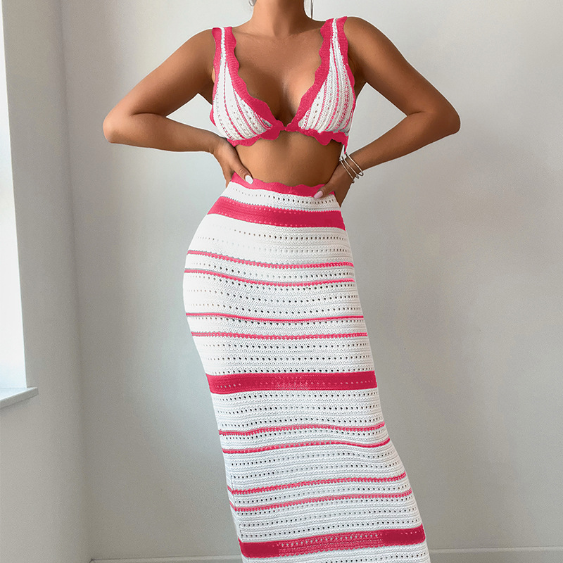 Women's Clothing Bikini Long Skirt Suit Striped Texture Holiday Leisure Sexy Beach American Fashion New_ecoleips.com
