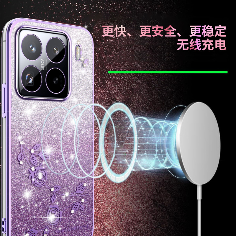 Xiaomi 15T、月季の花柄スマホケース、Redmi K80、ラインストーンメッキ、turbo4、グリッター保護ケース、Redmi A5に適用|undefined