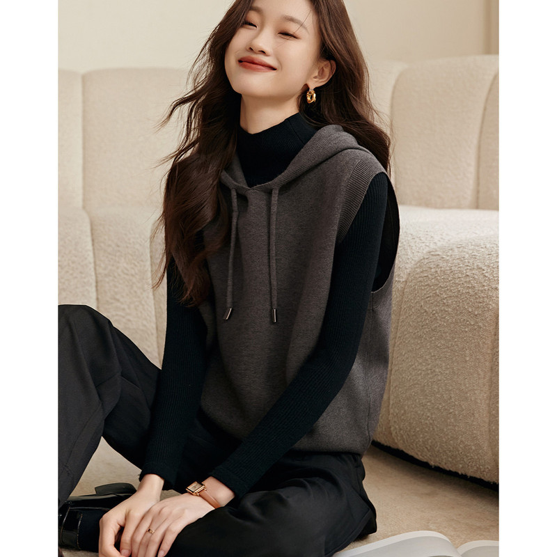 Vest sweater 2023 Winter versatile sweater lazy sleeveless waistcoat hat stacked sweater