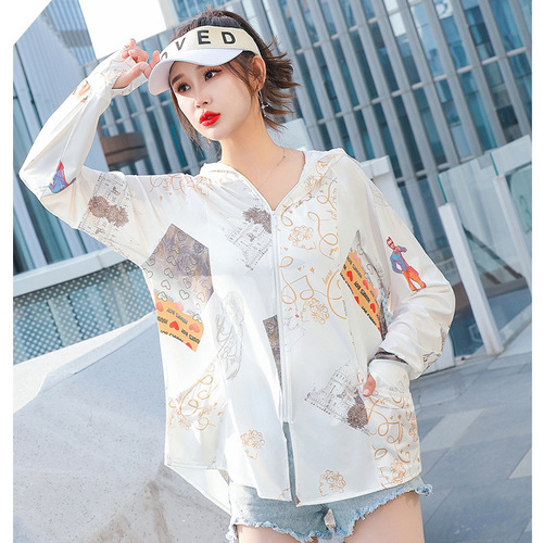 Summer new style printed national style ice silk women's anti-UV long-sleeved ultra-thin jacket hooded breathable sun protection clothing