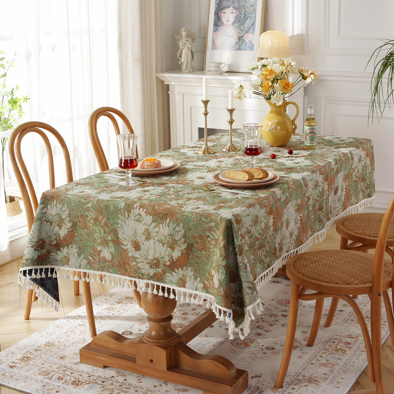 Vintage Polyester-cotton Yarn-dyed Jacquard Oil Painting Black Daisy Tassel Rectangular Coffee Table Dining Tablecloth_voghion.com