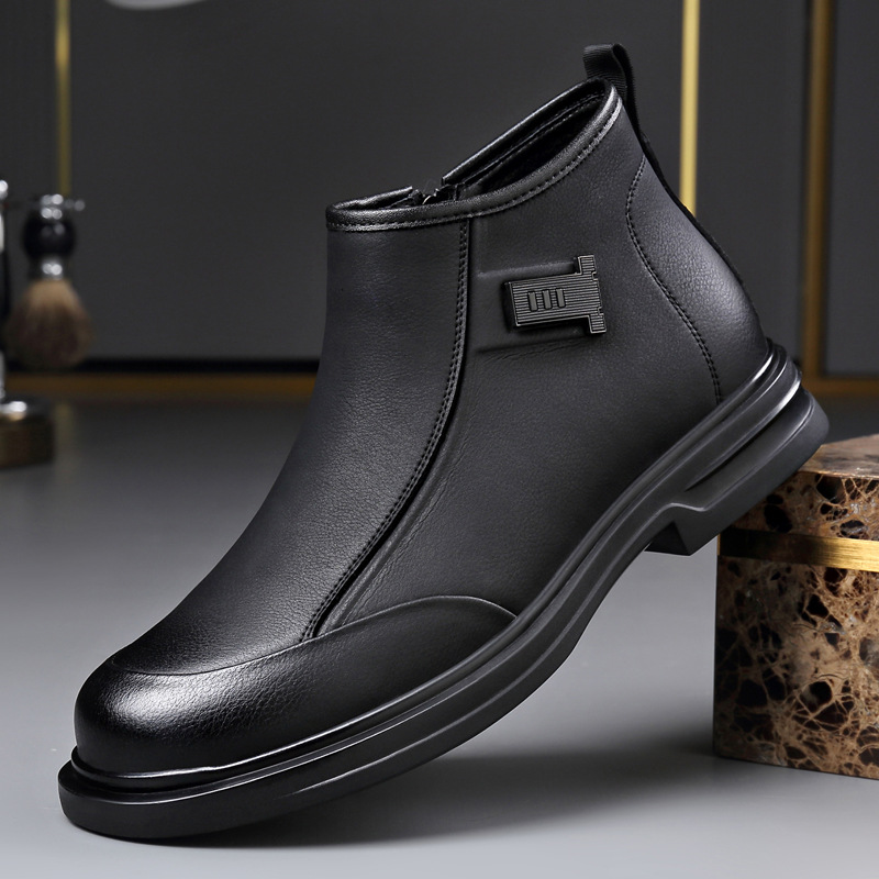 2025年秋冬新款男鞋高帮保暖加绒休闲皮鞋英伦风侧拉链切尔西靴子