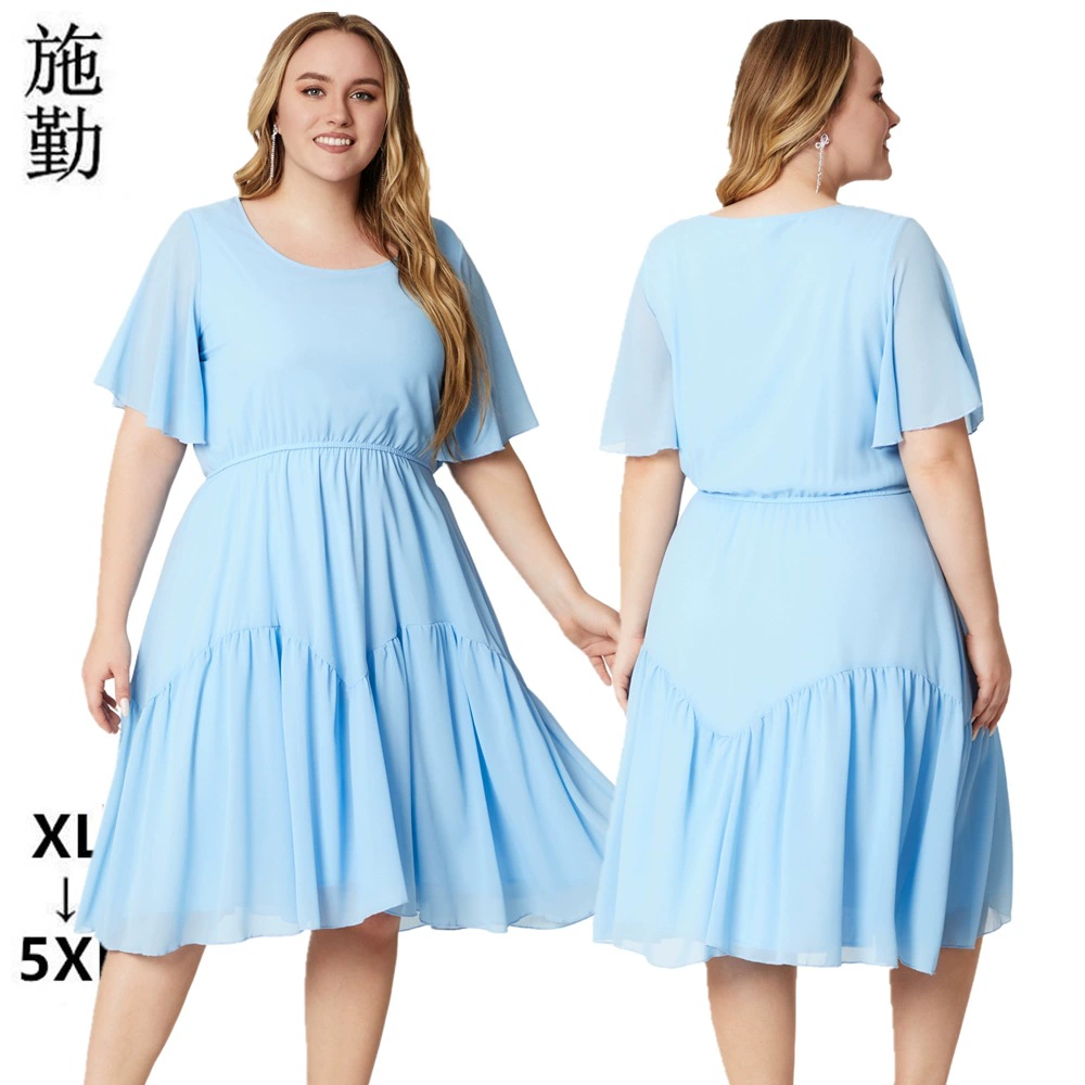 2024 Европейская и американская трансграничная женская одежда больших размеров, летнее Новое шифоновое платье с круглым вырезом и короткими рукавами, толстая сестра, цельная доставка
