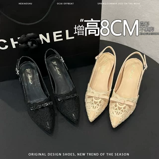 羊皮版~增高8CM性感蕾丝镂空尖头单鞋女法式蝴蝶结气质百搭高跟鞋