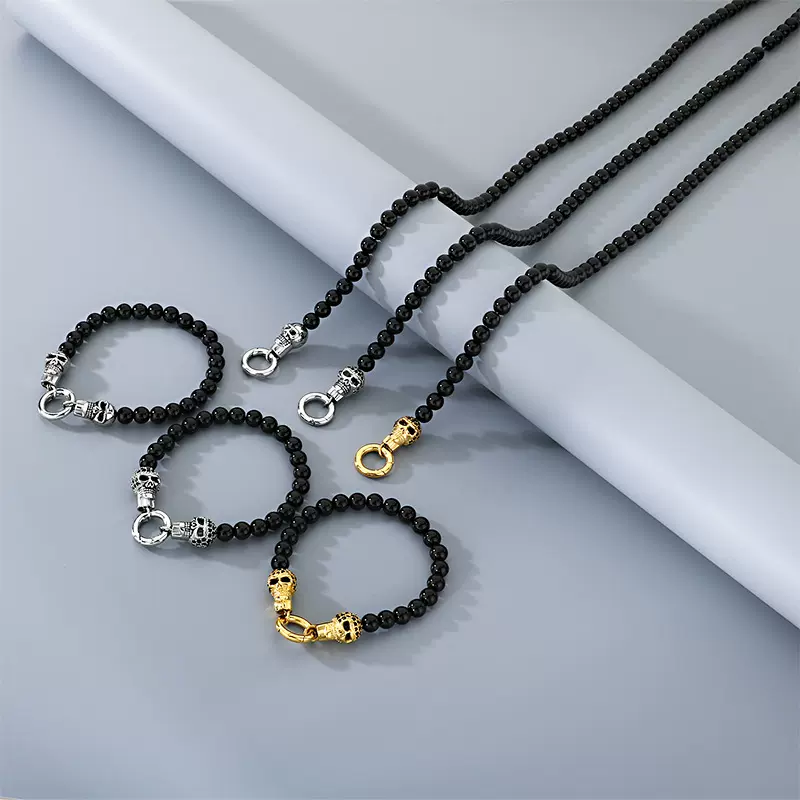 朋克手串 复古夸张镶黑钻骷髅头光面黑玛瑙串珠钛钢男士项链套装