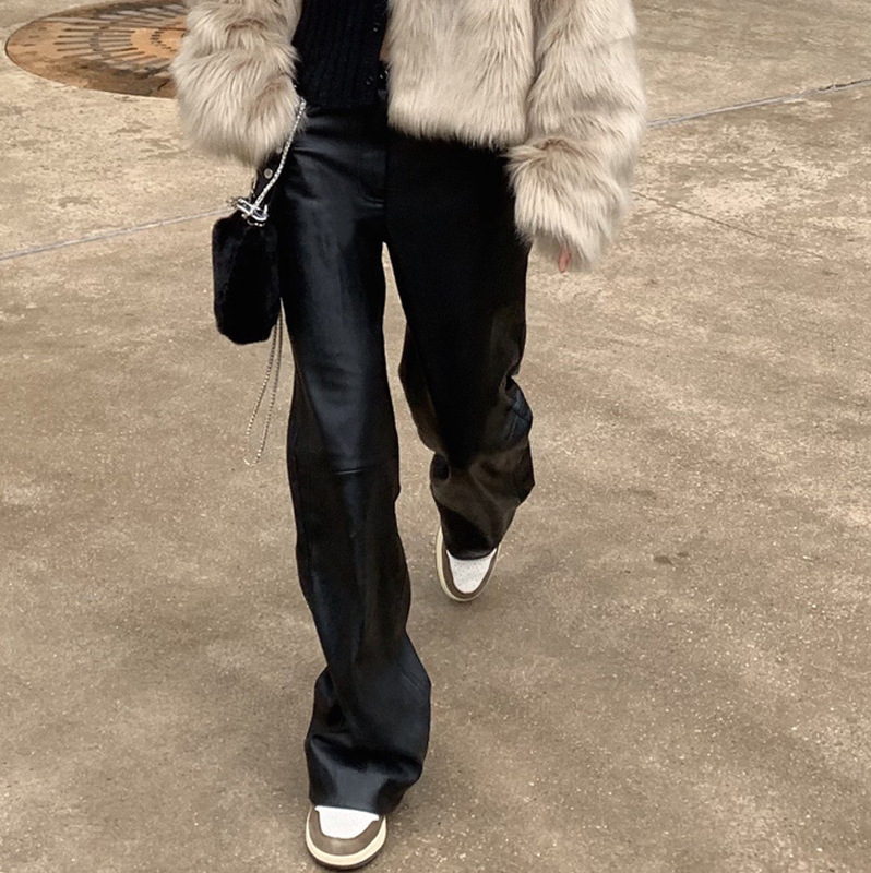 Plus-Size Women's Wide-Leg Leather Pants, New Autumn High-Waisted Pu Leather Pants for Petite Women, Drapey Matte Straight-Leg Pants Plus-Size Women's Wide-Leg Leather Pants, New Autumn High-Waisted Pu Leather Pants for Petite Women, Drapey Matte Straight-Leg Pants