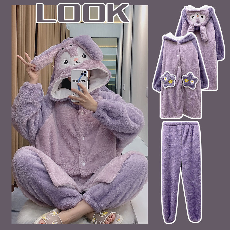 StarDellu coral terciopelo pijamas mujeres 2022 nuevo otoño invierno ropa de dibujos animados para el hogar grueso conjunto de pijamas largos