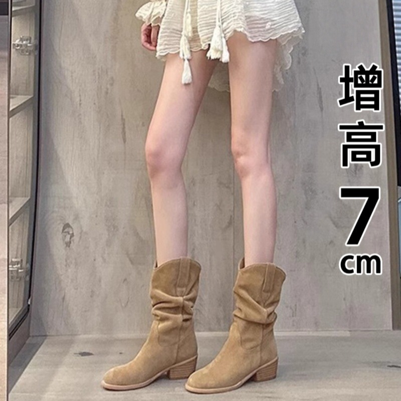 Soft Leather Version of Martin Boots for Small People, Height-Increasing Boots for Women, 2025 New Spring High-Heeled Mid-Calf Short Boots, Pile Boots