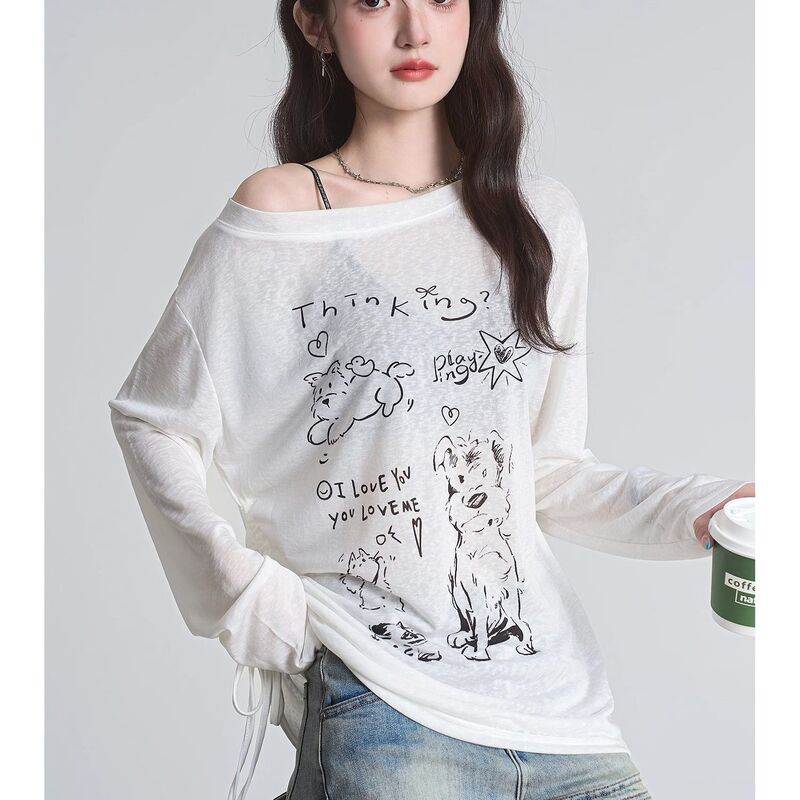 Lazy Style Side Drawstring Design, Slightly See-Through Long-Sleeved Sun Protection Blouse for Women, Summer Loose-Fitting Slimming Layered Top, Trendy Lazy Style Side Drawstring Design, Slightly See-Through Long-Sleeved Sun Protection Blouse for Women, Summer Loose-Fitting Slimming Layered Top, Trendy