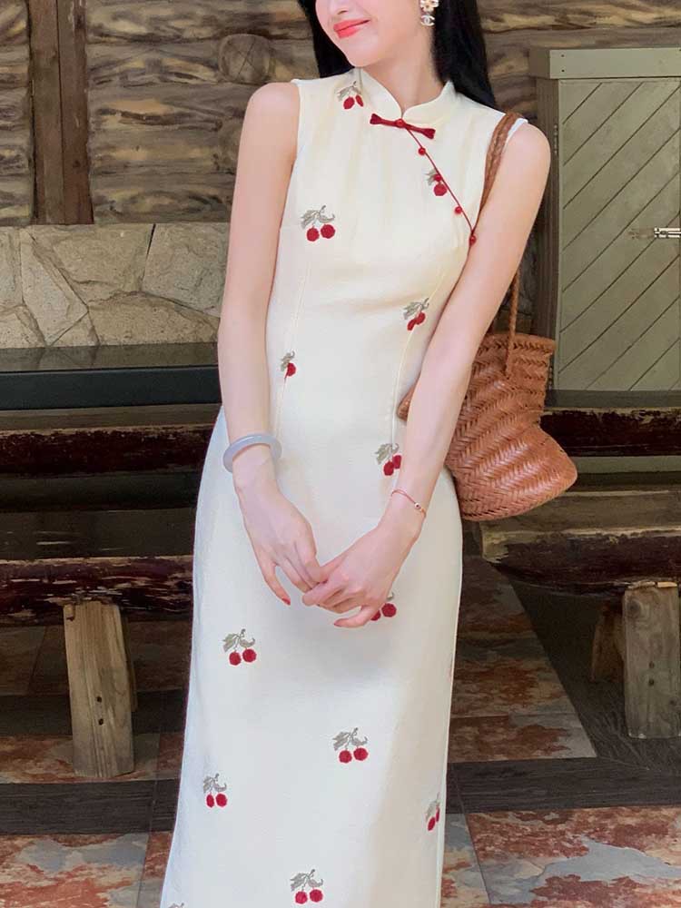 Qin Ying' New Chinese Style Cherry Embroidery Modified Cheongsam For Women, Early Autumn Vintage Stand Collar_ecoleips.com