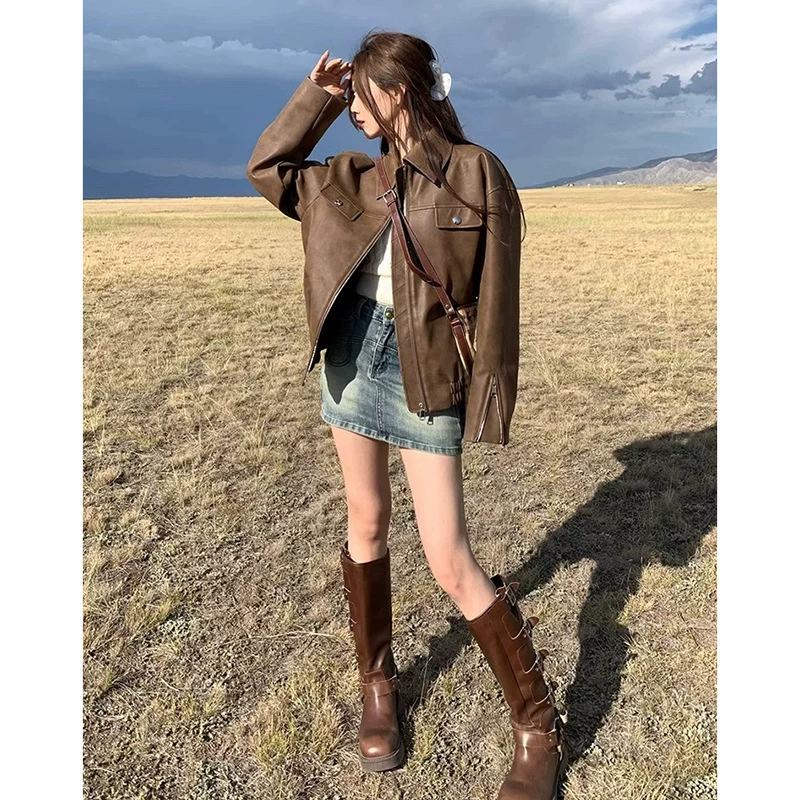 2025超火外套皮衣女棕色春秋皮衣美式皮夹克开春高级感外套高级感