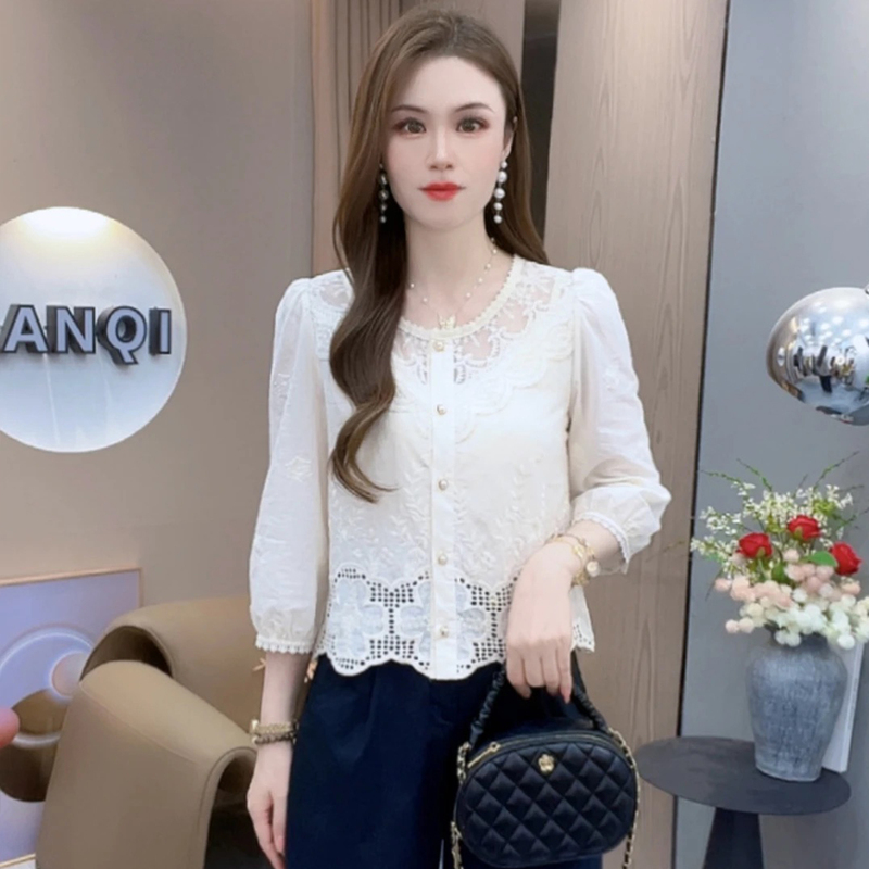 时尚蕾丝衬衫女2025秋季新款设计感小众洋气显瘦气质百搭衬衣上衣|undefined