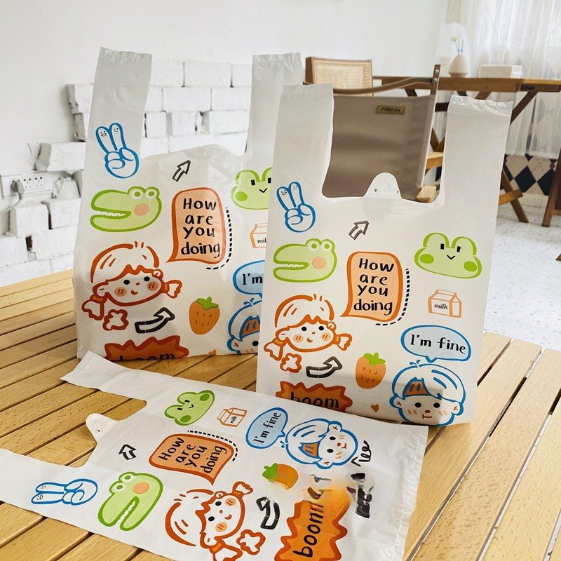 乳白塑料背心袋卡通图案通用袋子甜品烘焙外卖袋文具玩具礼品袋