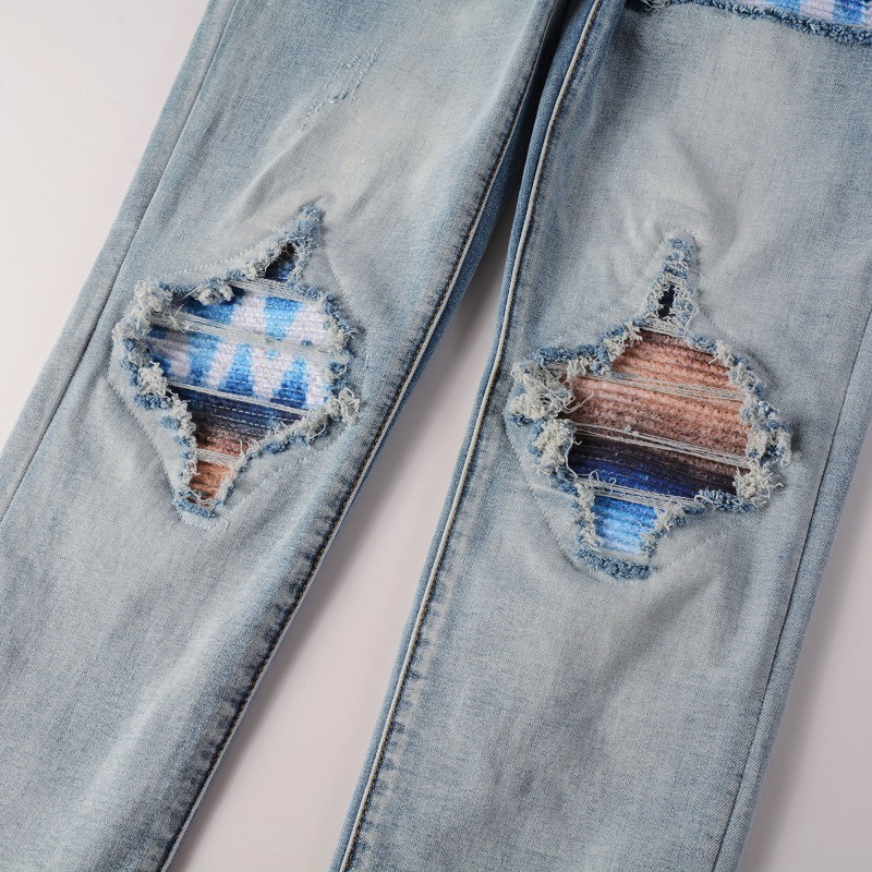 Herrenbekleidung im gleichen Stil, Katzenschnurrhaare, zerknitterte Farbe, Patchwork, Lederpatch, Loch, elastische Slim Fit-Röhrenjeans_voghion.com