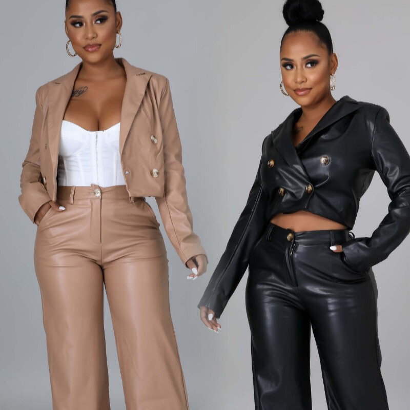 HX0249 European and American temperament Spring and Autumn cool feeling PU leather long sleeve tight leather high waist pants women's suit HX0249 European and American temperament Spring and Autumn cool feeling PU leather long sleeve tight leather high waist pants women's suit