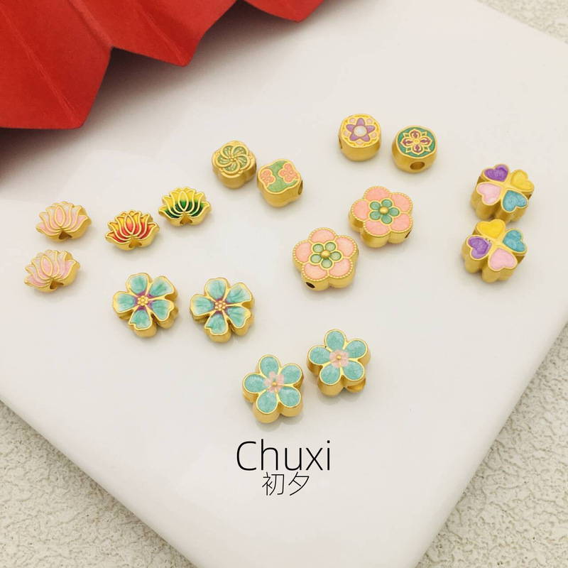 Ancient Sand Gold Morandi Enamel Painting Peach Blossom Lotus Accessories Bracelet Accessories Antique Style DIY Accessories