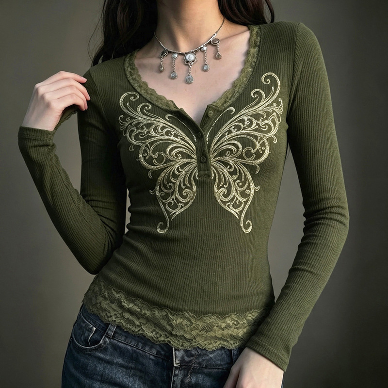 Vintage forest-style retro lace patchwork butterfly print long-sleeve T-shirt, Y2K millennium style V-neck slim-fit top for women Vintage forest-style retro lace patchwork butterfly print long-sleeve T-shirt, Y2K millennium style V-neck slim-fit top for women