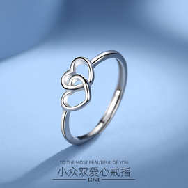 S925纯银心心相印戒指女士ins风简约时尚双爱心韩式创意食指戒指