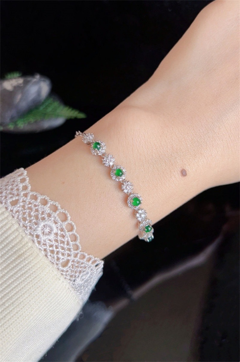 Vòng tay đá ngọc bích tự nhiên A hàng băng chủng mặt trứng cắt S925 bạc xi mạ vàng họa tiết hồ lô chi tiết 16