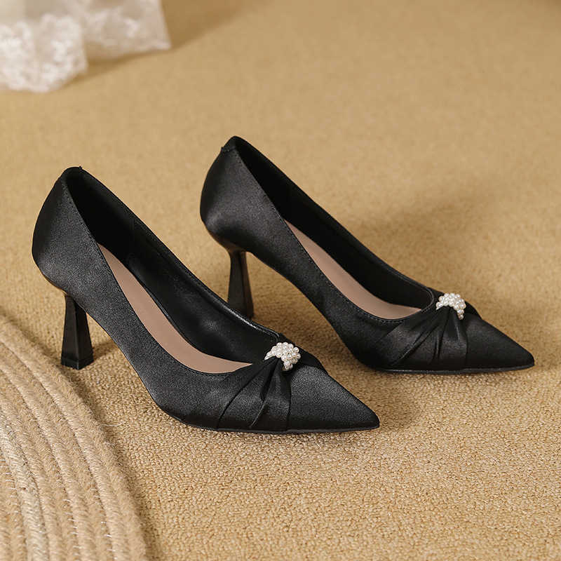 Women's square stiletto heel pointed Pearl high heels satin champagne electroplated heel plus size widened women's shoes all-match commuter