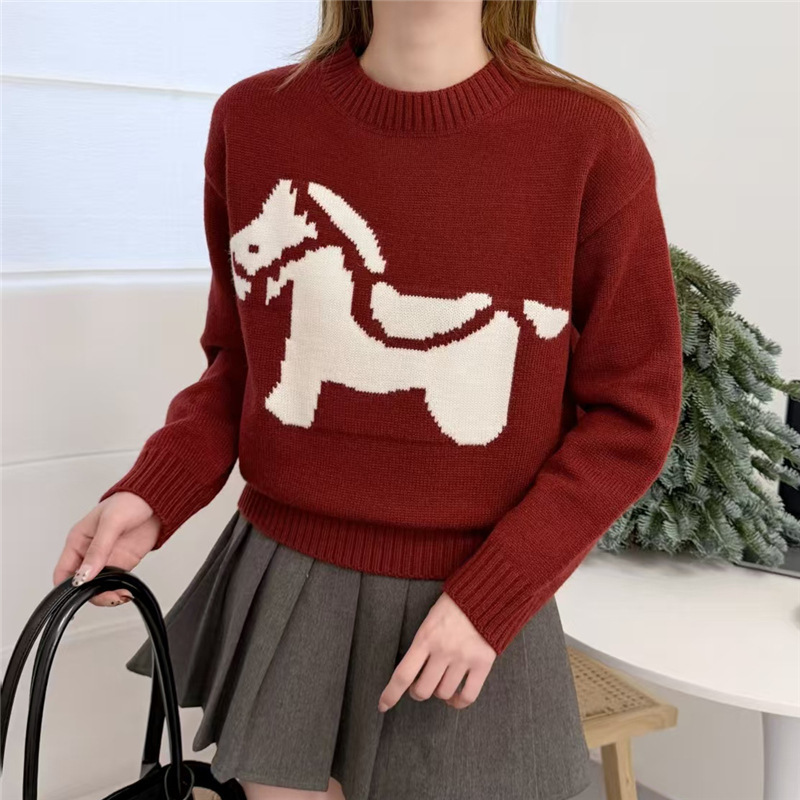 Cute Jacquard Pony Pattern Sweater for Women, European Style, New Winter Model, Red New Year Christmas Knit Top