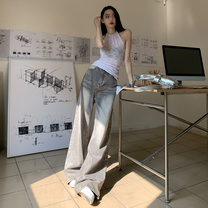 Mocha Gray High Street Denim Wide Leg Pants Women's Spring and Summer New High Waist Slim Loose Drape Straight-leg Floor-mopping Pants