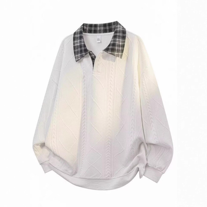 Cross-Border Export Textured Plaid Stitching Polo Shirt Couple Sweatshirt Spring & Fall New Loose Lapel Casual Top