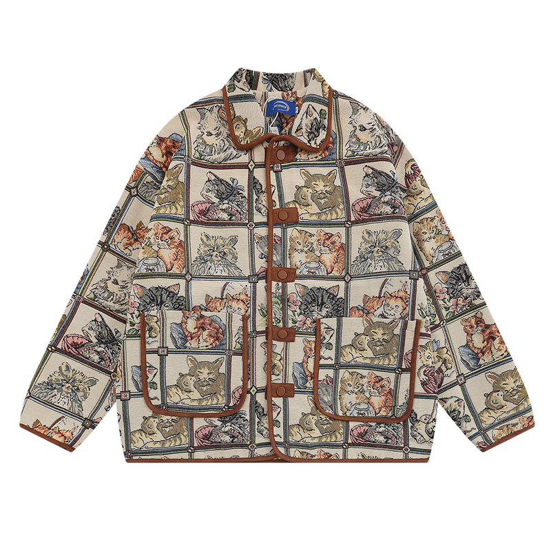 Jiayiku Trendy Brand 2025 Autumn and Winter New American Retro Cartoon Cat Jacquard Jacket Niche Original Coat Trendy