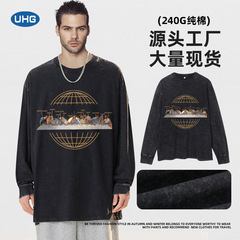 UHG秋冬季長袖寬鬆做舊水洗男裝潮牌痞帥穿搭重磅圓領休閒印花t恤