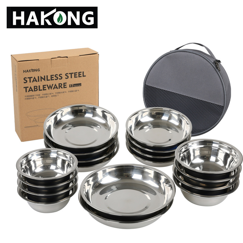 Outdoor camping barbecue tableware 18-piece stainless steel plate suit portable camping barbecue plate soup basin dish bowl set